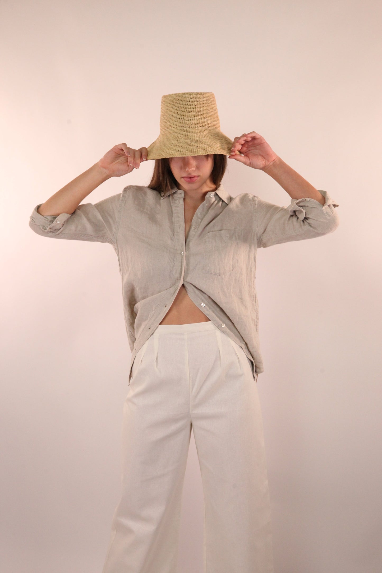 Wide Legged Linen Trousers in Ivory