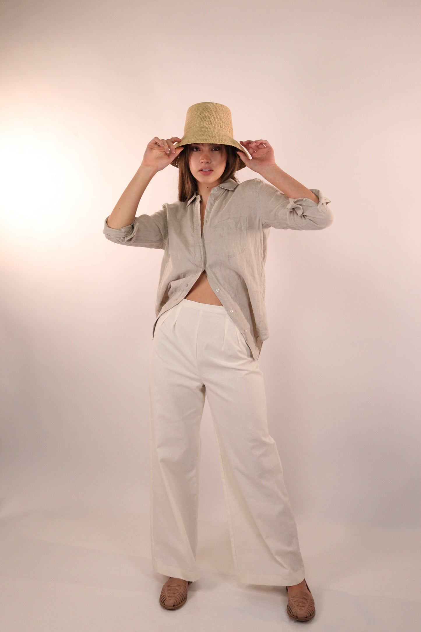 Wide Legged Linen Trousers in Ivory