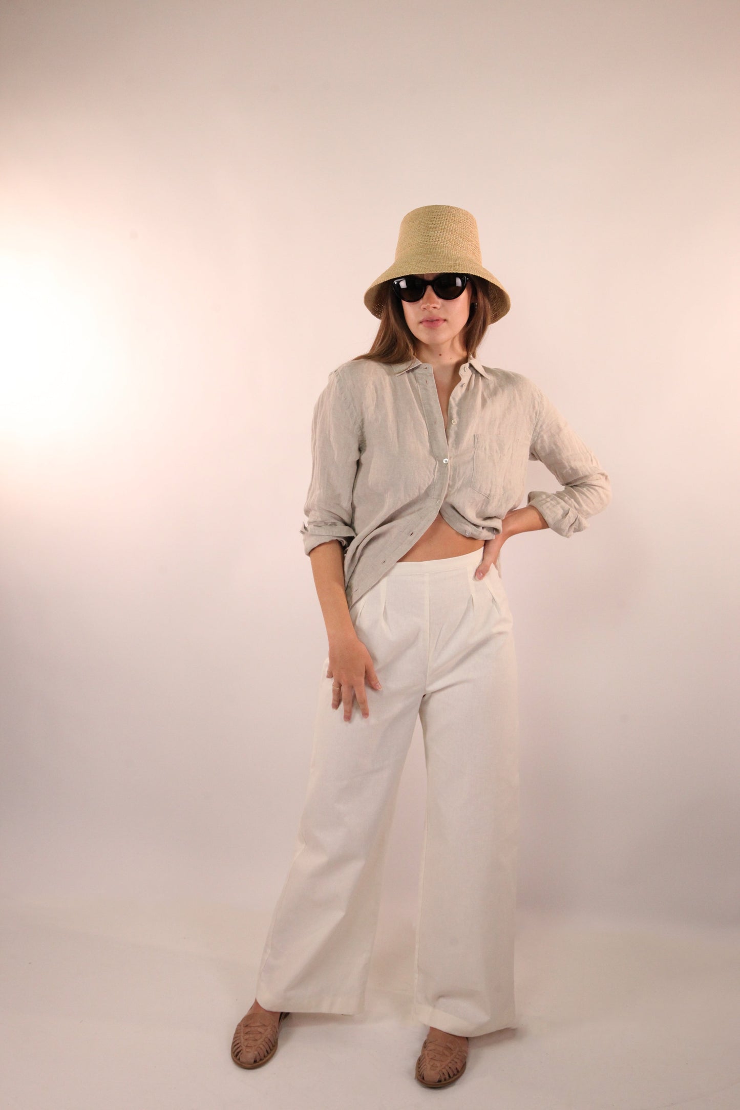 Wide Legged Linen Trousers in Ivory